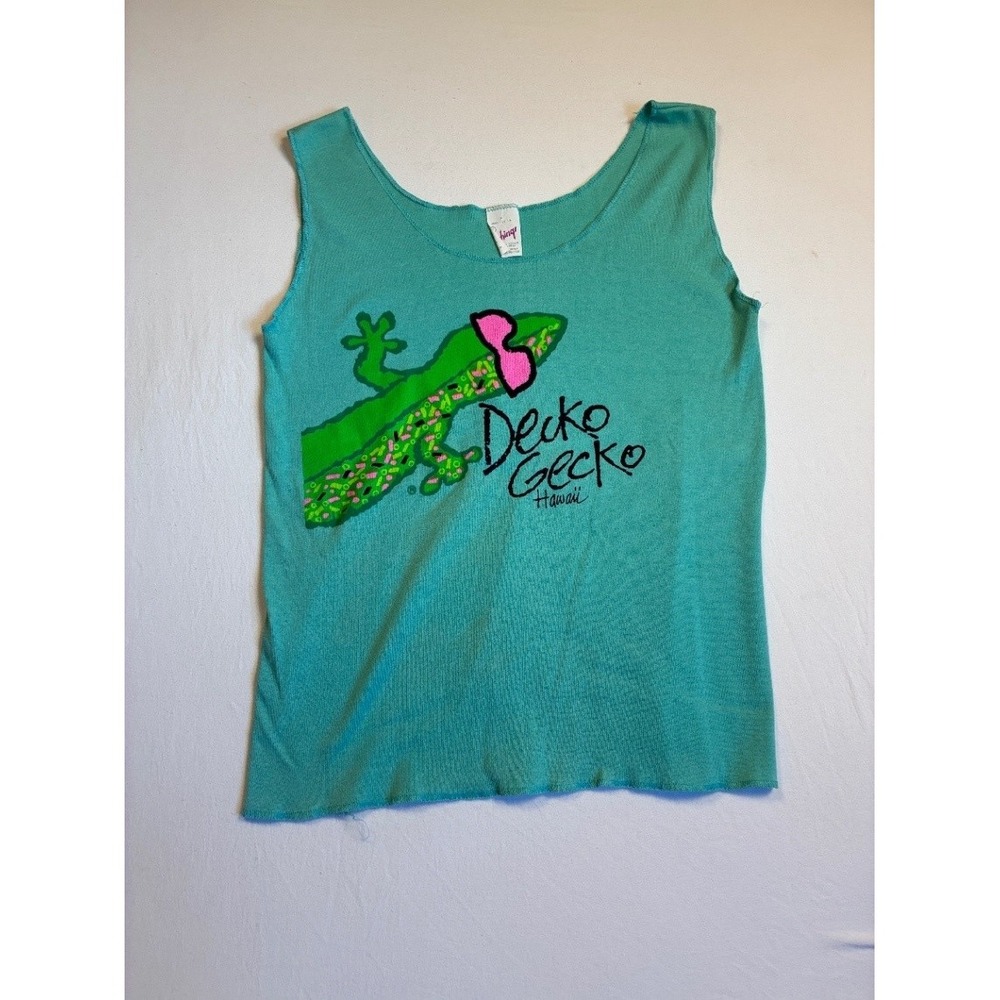 Gecko Decko Gecko Hawaii Women's XL Turquoise Graphic Tank Top Vintage